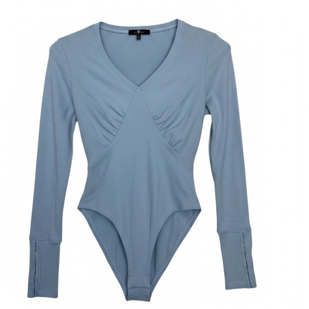 7 For All Mankind Womens Light Blue Ribbed V-Neck Long Sleeve Bodysuit Small EUC